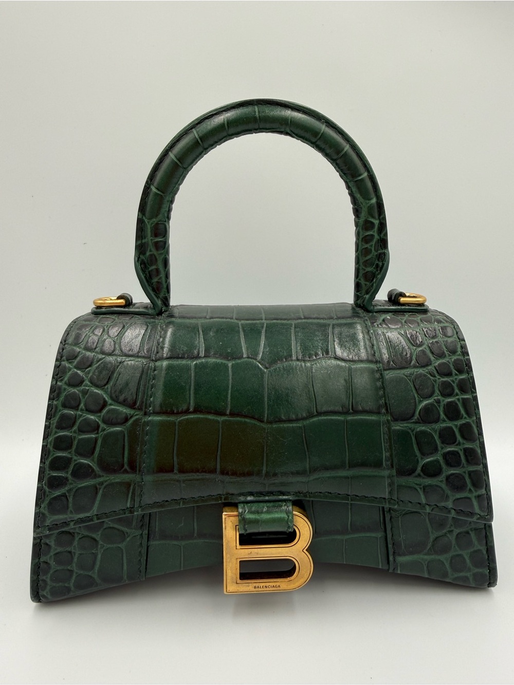 Balenciaga Dark Green Croc-Embossed 2-Way XS Hourglass with Gold Hardware